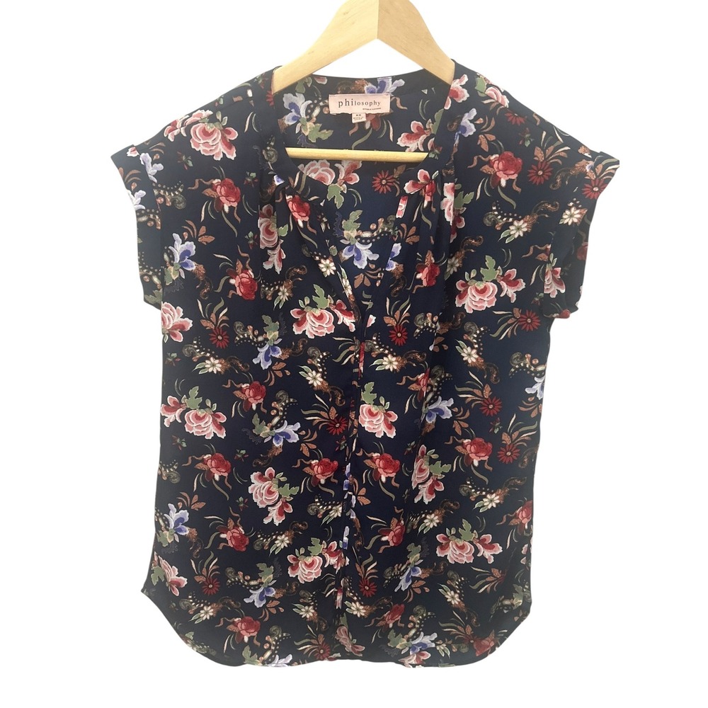 Philosophy Republic Clothing Dark Floral Ruffle Cap Sleeve Blouse Women's XS